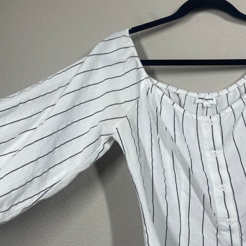 Superdown XL Kaylee Button Up Off The Shoulder Top Stripe Linen Long Sleeves - Picture 4 of 9